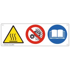 Cartello multisimbolo: Pericolo superficie calda - Vietato rimuovere le protezioni - Obbligo leggere le istruzioni