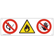 Cartello multisimbolo: Vietato usare fiamme libere - Pericolo sostanze infiammabili - Vietato l'accesso