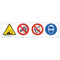Cartello multisimbolo: Pericolo proiezione schegge - Vietato rimuovere le protezioni - Non riparare o lubrificare organi i movimento - E' obbligatorio proteggere gli occhi