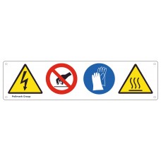 Cartello multisimbolo: Pericolo di tensione - Non toccare - E' obbligatorio usare i guanti protettivi - Pericolo superficie calda