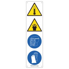 Cartello multisimbolo: Pericolo alta temperatura - Pericolo spruzzi incandescenti - E' obbligatorio lo schermo protettivo - E' obbligatorio usare i guanti protettivi