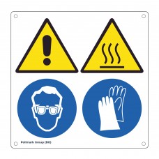 Cartello multisimbolo: Pericolo generico - Pericolo superficie calda - E' obbligatorio proteggere gli occhi - E' obbligatorio usare i guanti protettivi