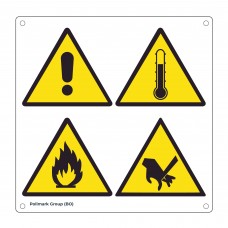 Cartello multisimbolo: Pericolo generico - Pericolo alta temperatura - Pericolo sostanze infiammabili - Pericolo taglio mano verticale