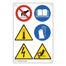 Cartello multisimbolo: Non toccare - Obbligo leggere le istruzioni - Pericolo alta temperatura - Obbligo usare guanti protettivi - Pericolo di tensione - Pericolo trasmissione catena