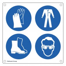 Cartello multisimboli: E' obbligatorio usare i guanti protettivi - E' obbligatorio usare indumenti protettivi - E' obbligatorio usare le calzature di sicurezza - E' obbligatorio proteggere gli occhi