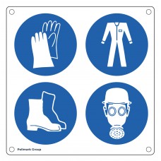 Cartello multisimbolo: E' obbligatorio usare i guanti protettivi - E' obbligatorio usare indumenti protettivi - E' obbligatorio usare le calzature di sicurezza - E' obbligatorio proteggere le vie respiratorie