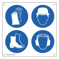 Cartello multisimbolo: E' obbligatorio usare i guanti protettivi - E' obbligatorio proteggere l'udito - E' obbligatorio usare le calzature di sicurezza - E' obbligatorio il casco di protezione