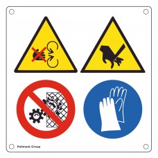 Cartello multisimbolo: Pericolo trascinamento - Pericolo taglio mano verticale - Non rimuovere le protezioni - E' obbligatorio usare i guanti protettivi