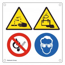 Cartello multisimbolo: Pericolo di corrosione - Pericolo di esalazione acidi da batteria - Vietato usare fiamme libere - E' obbligatorio proteggere gli occhi