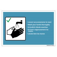 Cartello in pvc adesivo multilingue "Lavarsi accuratamente le mani"