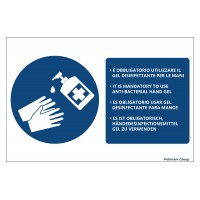 Cartello in pvc adesivo multilingue "E' obbligatorio utilizzare il gel disinfettante per le mani"