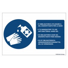 Cartello in pvc adesivo multilingue "E' obbligatorio utilizzare il gel disinfettante per le mani"