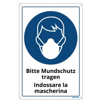 Cartello in alluminio bilingue Italiano - Tedesco "E' obbligatorio indossare la mascherina"