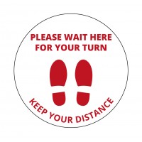 Adesivo distanziatore circolare in pvc in lingua inglese "Wait for your turn - Keep your distance"